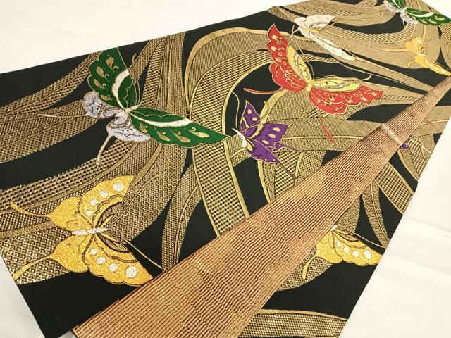 平和屋着物◎全通柄袋帯　舞蝶文　黒地　金銀糸　正絹　逸品　AABE7143yx