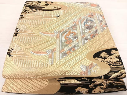 平和屋着物◎六通柄袋帯　唐織　鳳凰風景文　黒地　金銀糸　正絹　逸品　AABE7144yx