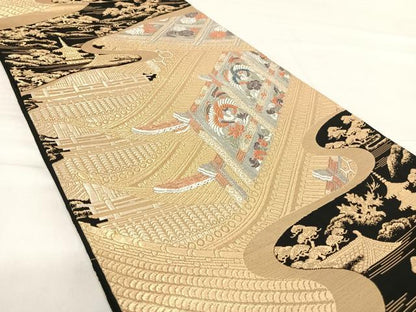 平和屋着物◎六通柄袋帯　唐織　鳳凰風景文　黒地　金銀糸　正絹　逸品　AABE7144yx