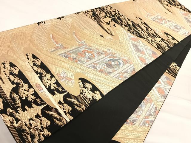 平和屋着物◎六通柄袋帯　唐織　鳳凰風景文　黒地　金銀糸　正絹　逸品　AABE7144yx