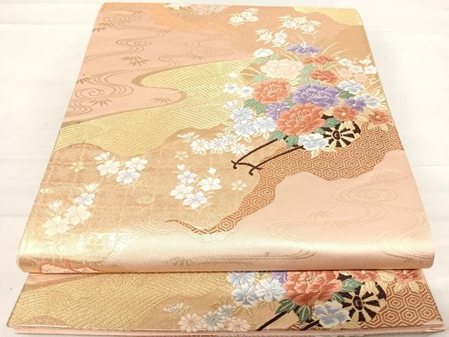 平和屋着物◎六通柄袋帯　唐織　慶長道長花車文　金糸　正絹　逸品　AABE7145yx