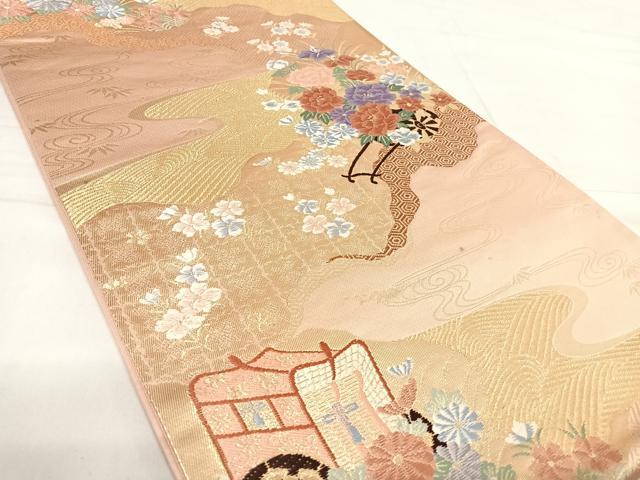 平和屋着物◎六通柄袋帯　唐織　慶長道長花車文　金糸　正絹　逸品　AABE7145yx