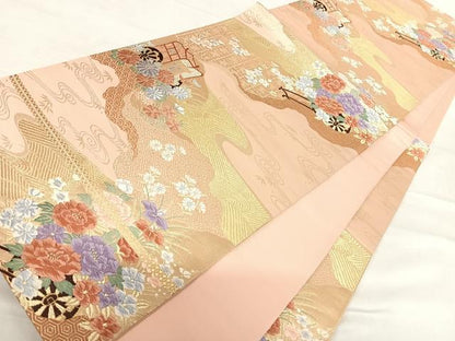平和屋着物◎六通柄袋帯　唐織　慶長道長花車文　金糸　正絹　逸品　AABE7145yx