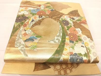 平和屋着物◎太鼓柄袋帯　束ね熨斗吉祥花文　正絹　逸品　AABE7147yx
