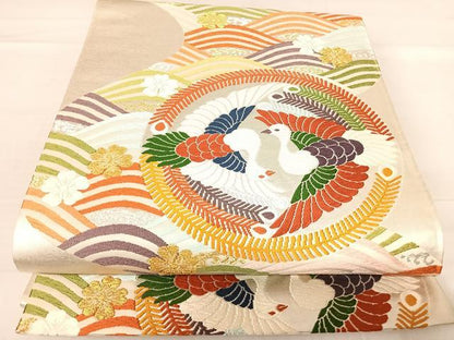 平和屋着物◎六通柄袋帯　唐織　双鳥立波花文　金銀糸　正絹　逸品　AABE7156yx