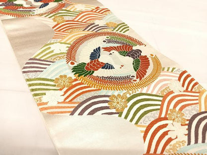 平和屋着物◎六通柄袋帯　唐織　双鳥立波花文　金銀糸　正絹　逸品　AABE7156yx