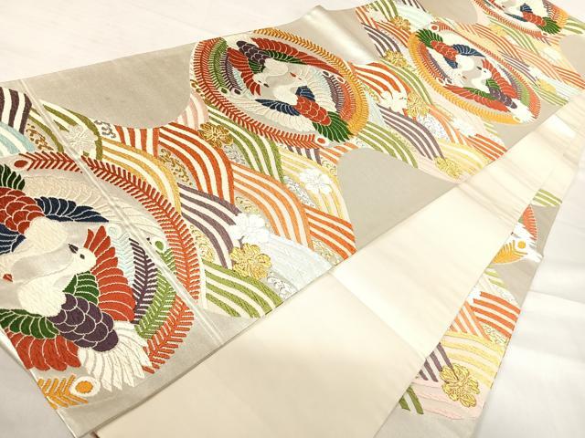 平和屋着物◎六通柄袋帯　唐織　双鳥立波花文　金銀糸　正絹　逸品　AABE7156yx