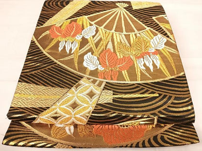 平和屋着物◎全通柄袋帯 唐織 扇面花文 黒地 金糸 正絹 逸品 AABE7174yx