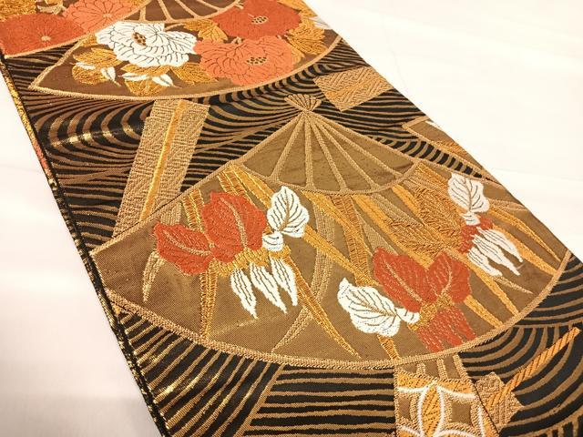 平和屋着物◎全通柄袋帯 唐織 扇面花文 黒地 金糸 正絹 逸品 AABE7174yx