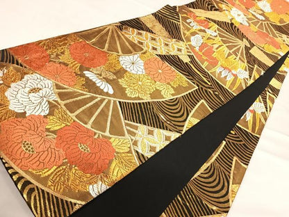 平和屋着物◎全通柄袋帯 唐織 扇面花文 黒地 金糸 正絹 逸品 AABE7174yx