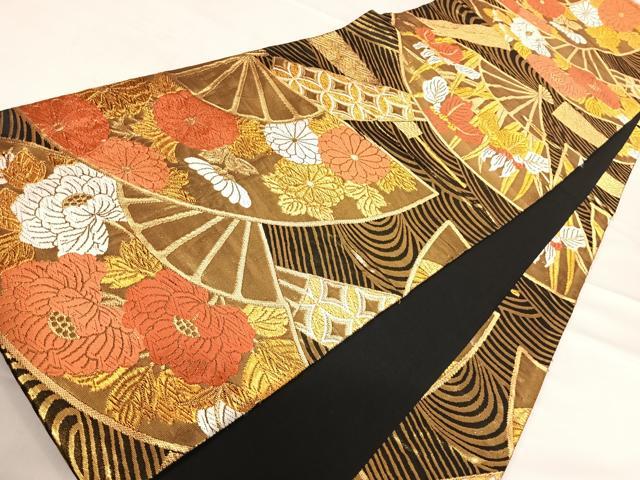 平和屋着物◎全通柄袋帯 唐織 扇面花文 黒地 金糸 正絹 逸品 AABE7174yx