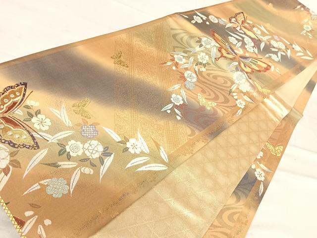 平和屋着物◎六通柄袋帯　枝垂れ花蝶文　金糸　正絹　逸品　AABE7180yx