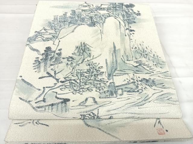 平和屋着物◎綴れ 太鼓柄袋帯 作家物 手描き 風景文 銀糸 正絹 逸品 AABE7186yx