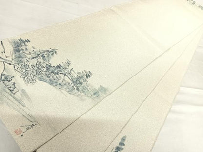 平和屋着物◎綴れ 太鼓柄袋帯 作家物 手描き 風景文 銀糸 正絹 逸品 AABE7186yx