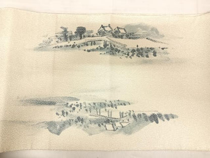 平和屋着物◎綴れ 太鼓柄袋帯 作家物 手描き 風景文 銀糸 正絹 逸品 AABE7186yx