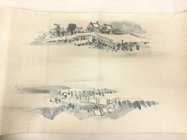 平和屋着物◎綴れ 太鼓柄袋帯 作家物 手描き 風景文 銀糸 正絹 逸品 AABE7186yx