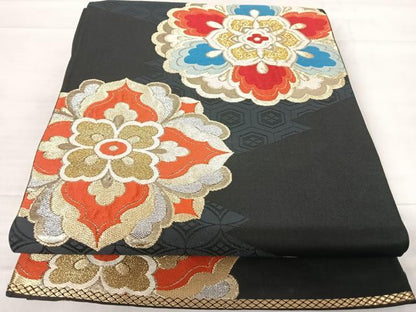 平和屋着物◎六通柄 京袋帯 舞花文 黒地 金銀糸 正絹 逸品 AABE7194yx