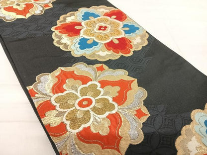 平和屋着物◎六通柄 京袋帯 舞花文 黒地 金銀糸 正絹 逸品 AABE7194yx