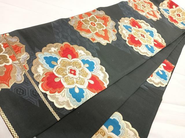 平和屋着物◎六通柄 京袋帯 舞花文 黒地 金銀糸 正絹 逸品 AABE7194yx