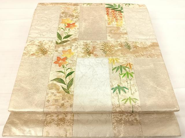 平和屋着物◎太鼓柄袋帯　切嵌　草花文　金銀糸　正絹　逸品　AABE7196yx