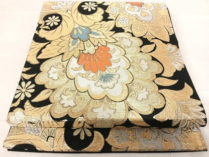 平和屋着物◎六通柄袋帯　更紗花文　黒地　金銀糸　正絹　逸品　AABE7198yx