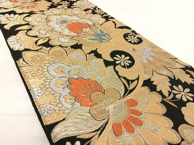 平和屋着物◎六通柄袋帯　更紗花文　黒地　金銀糸　正絹　逸品　AABE7198yx