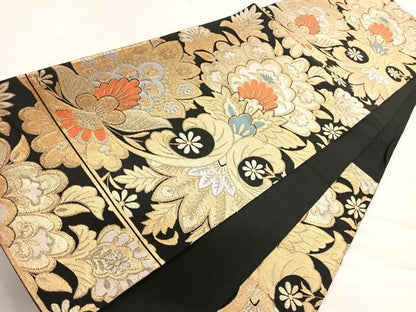 平和屋着物◎六通柄袋帯　更紗花文　黒地　金銀糸　正絹　逸品　AABE7198yx