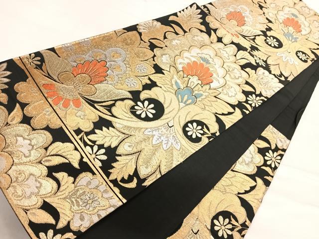 平和屋着物◎六通柄袋帯　更紗花文　黒地　金銀糸　正絹　逸品　AABE7198yx