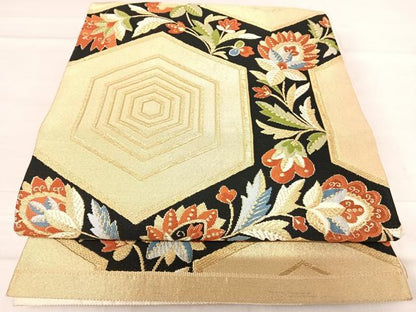 平和屋着物◎六通柄袋帯 更紗花文 金糸 正絹 逸品 AABE7200yx
