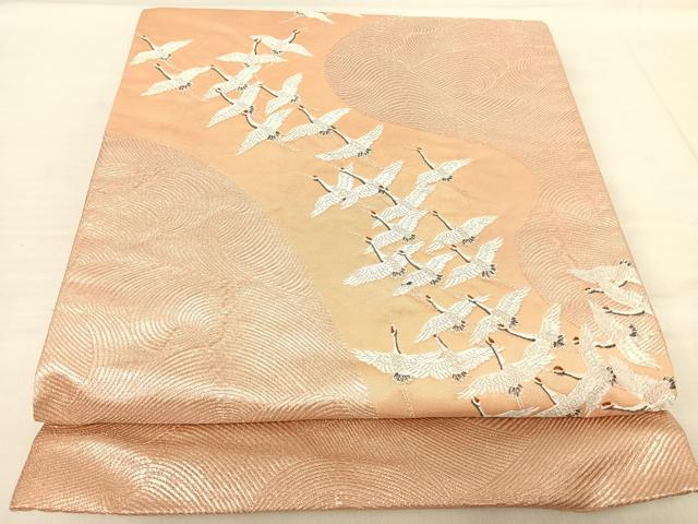 平和屋着物◎六通柄袋帯 唐織 群鶴文 銀糸 正絹 逸品 AABE7203yx
