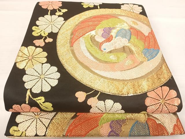 平和屋着物◎六通柄袋帯 花鳥丸文 黒地 金糸 正絹 逸品 AABE7216yx
