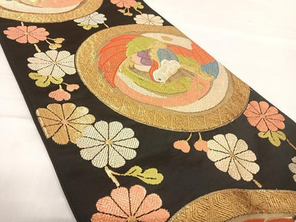 平和屋着物◎六通柄袋帯 花鳥丸文 黒地 金糸 正絹 逸品 AABE7216yx