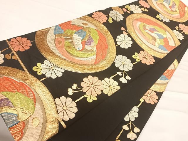 平和屋着物◎六通柄袋帯 花鳥丸文 黒地 金糸 正絹 逸品 AABE7216yx