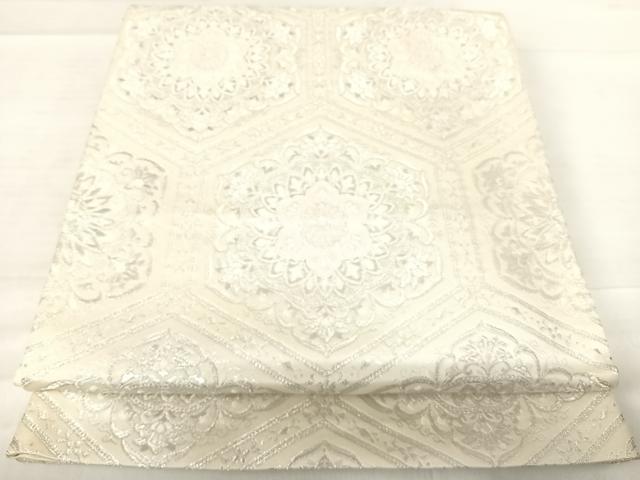 平和屋着物◎六通柄袋帯 唐織 亀甲花文 銀糸 正絹 逸品 AABE7217yx