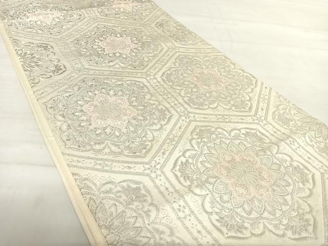 平和屋着物◎六通柄袋帯 唐織 亀甲花文 銀糸 正絹 逸品 AABE7217yx