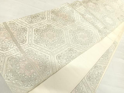平和屋着物◎六通柄袋帯 唐織 亀甲花文 銀糸 正絹 逸品 AABE7217yx