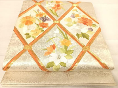 平和屋着物◎太鼓柄袋帯　総刺繍　駒刺繍　天井花文　金糸　正絹　逸品　AABE7218yx