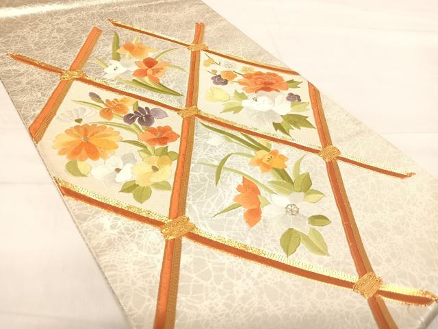 平和屋着物◎太鼓柄袋帯　総刺繍　駒刺繍　天井花文　金糸　正絹　逸品　AABE7218yx