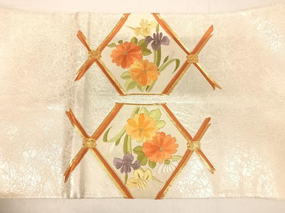 平和屋着物◎太鼓柄袋帯　総刺繍　駒刺繍　天井花文　金糸　正絹　逸品　AABE7218yx