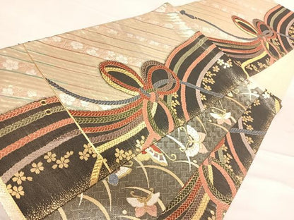 平和屋着物◎佐賀錦 六通柄袋帯 唐織 組紐花文 金糸 正絹 逸品 AABE7220yx