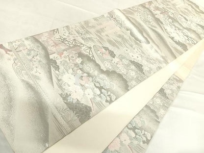 平和屋着物◎六通柄袋帯 唐織 花鳥文 純プラチナ 正絹 逸品 AABE7225yx