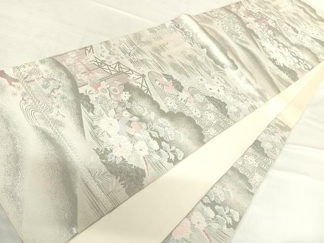 平和屋着物◎六通柄袋帯 唐織 花鳥文 純プラチナ 正絹 逸品 AABE7225yx