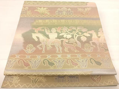 平和屋着物◎六通柄袋帯 壁画文様 金糸 正絹 逸品 AABE7226yx