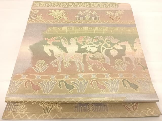 平和屋着物◎六通柄袋帯 壁画文様 金糸 正絹 逸品 AABE7226yx