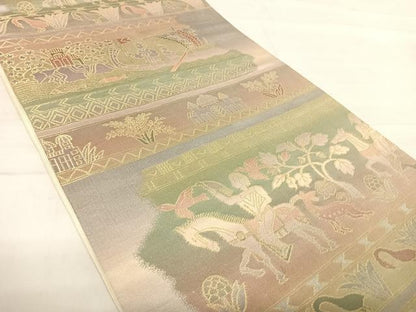 平和屋着物◎六通柄袋帯 壁画文様 金糸 正絹 逸品 AABE7226yx