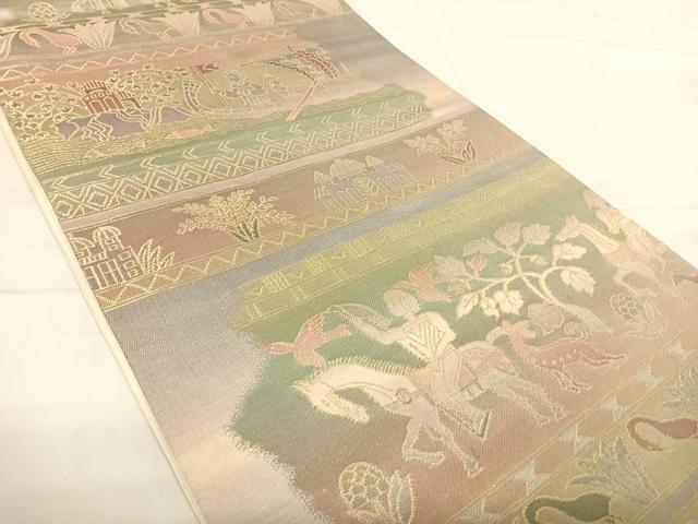 平和屋着物◎六通柄袋帯 壁画文様 金糸 正絹 逸品 AABE7226yx