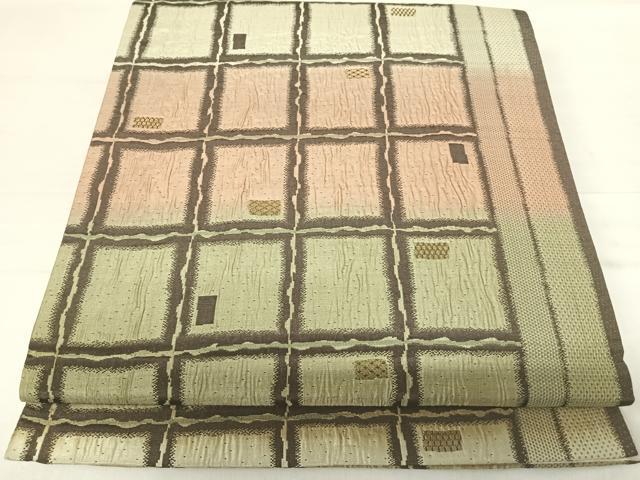 平和屋着物◎全通柄袋帯 格子文 金糸 正絹 逸品 AABE7227yx