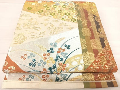 平和屋着物◎六通柄袋帯 唐織 切嵌草花文 金銀糸 正絹 逸品 AABE7234yx