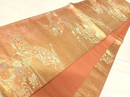 平和屋着物◎六通柄袋帯 地紙花文 金糸 引箔 正絹 逸品 AABE7244yx