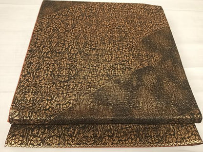 平和屋着物◎六通柄袋帯 道長花文 黒地 金糸 正絹 逸品 AABE7245yx